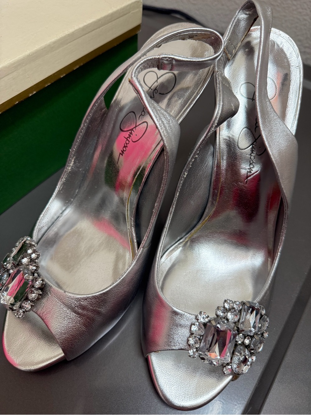 Jessica Simpson Metallic Silver Crystal-Embellished Peep-Toe Slingbacks